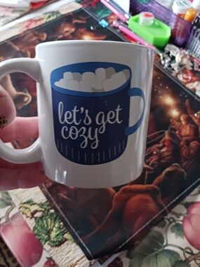 Source Unknown White Mug with Blue 'let's get cozy' Graphic